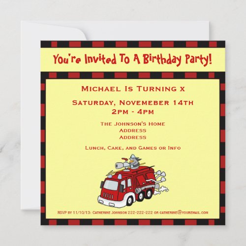 Fire Engine Truck  and Fireman Kids Birthday Party Invitation