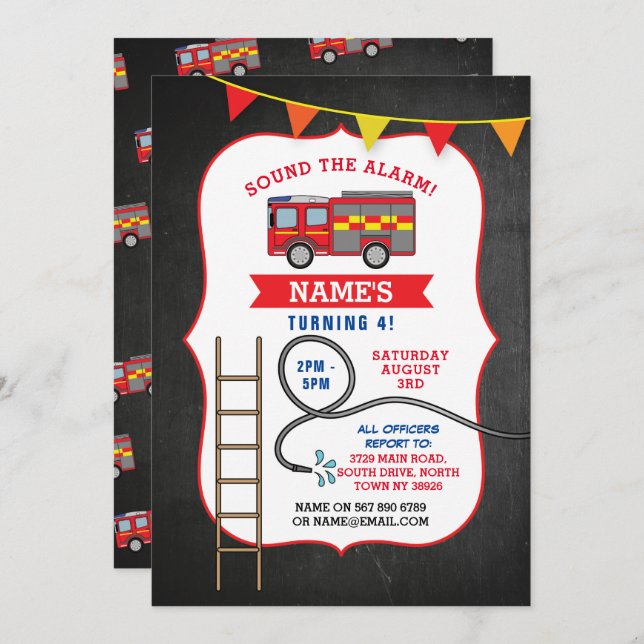 Fire Engine Truck Birthday Party Dept. Invite (Front/Back)