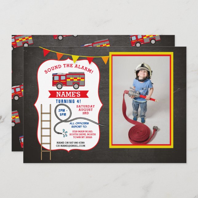 Fire Engine Truck Birthday Party Dept. Photo Invitation (Front/Back)