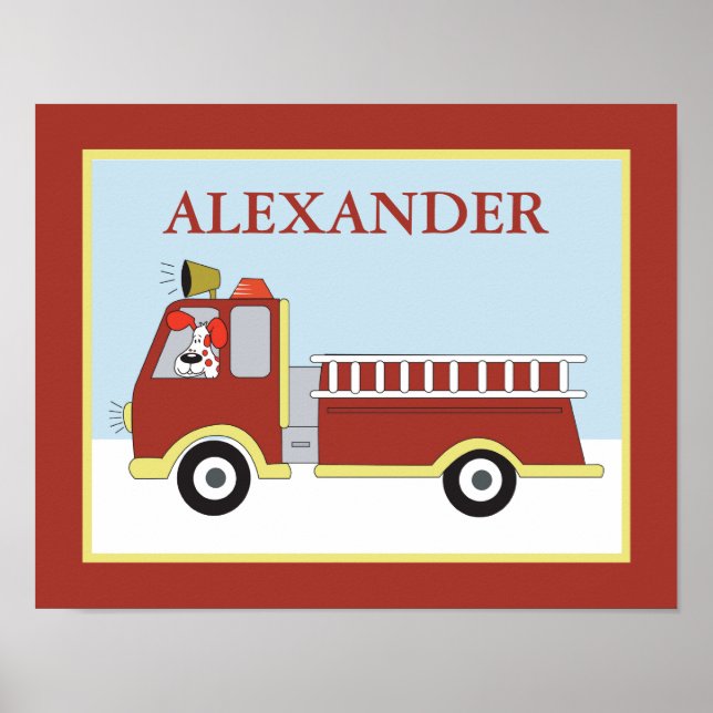 FIRE ENGINE Truck Boys Art Room Print with dog (Front)