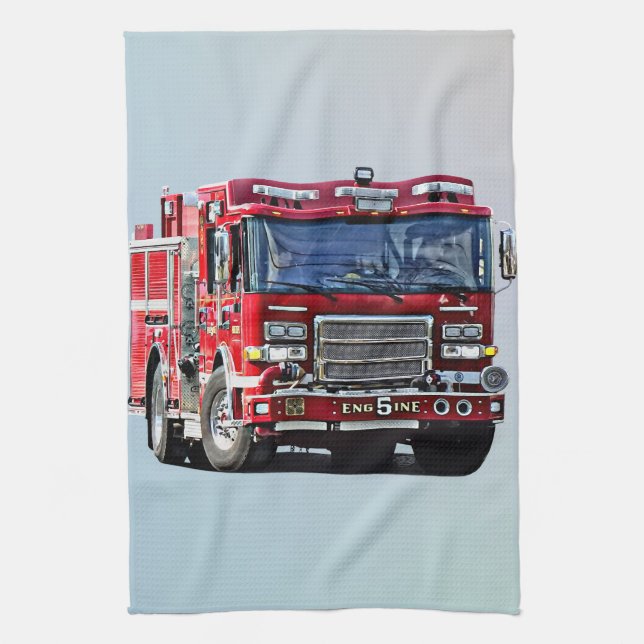 Fire Engine Turning the Corner Kitchen Towel (Vertical)