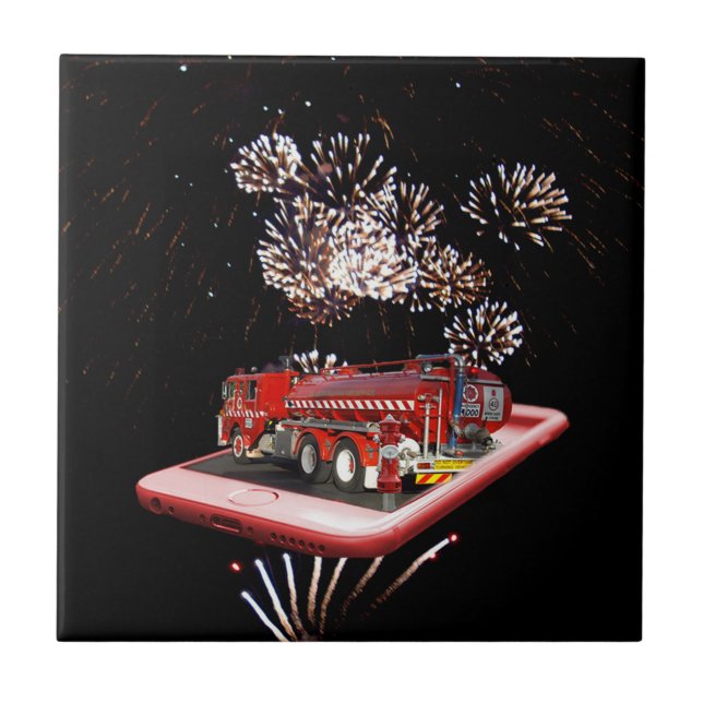 Fire Engine With Fire Works, Ceramic Tile (Front)