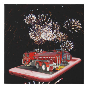 Fire Engine With Fire Works, Faux Canvas Print