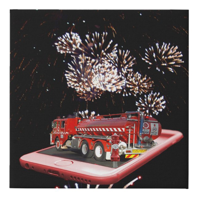 Fire Engine With Fire Works, Faux Canvas Print (Front)
