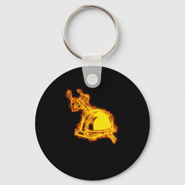 Fire Engineer Flames Pickaxe Protective Helmet Keychain (Front)