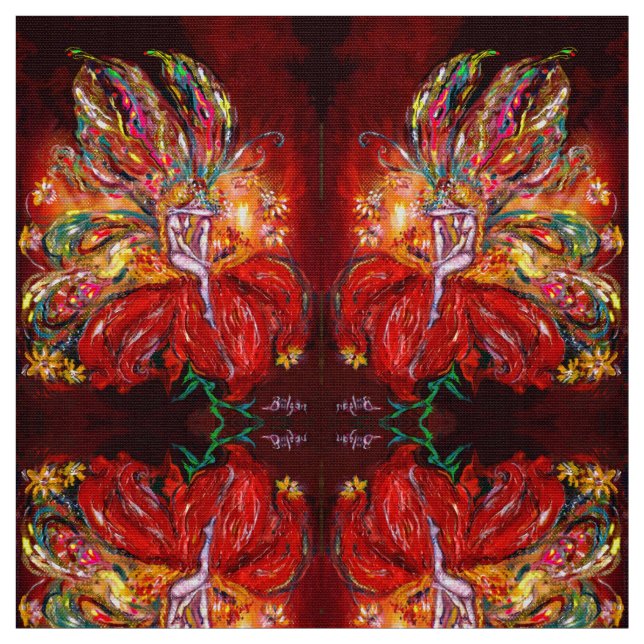 FIRE FAIRY ON THE RED FLOWER Fantasy Fabric (Swatch)