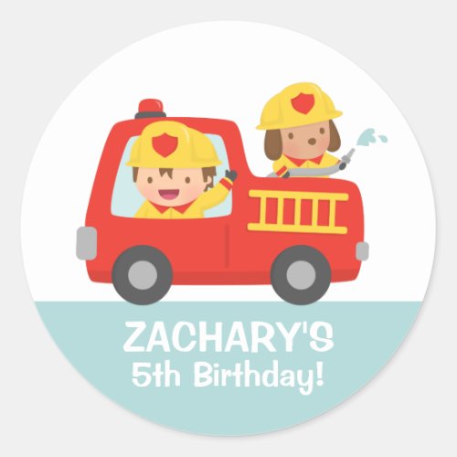 Fire fighter Boy in Red Fire Truck Birthday Party Classic Round Sticker