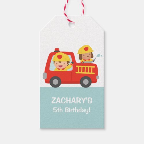 Fire fighter Boy in Red Fire Truck Birthday Party Gift Tags