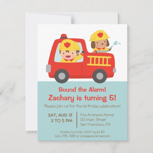 Fire fighter Boy in Red Fire Truck Birthday Party Invitation