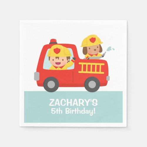 Fire fighter Boy in Red Fire Truck Birthday Party Napkins