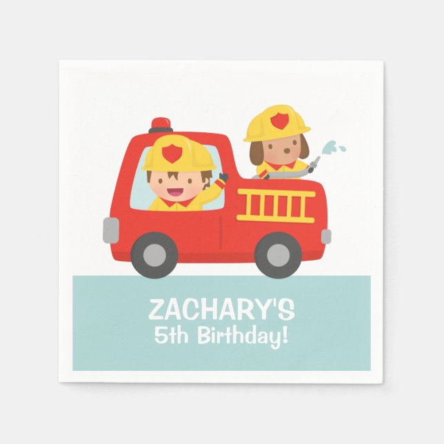 Fire fighter Boy in Red Fire Truck Birthday Party Napkins (Front)