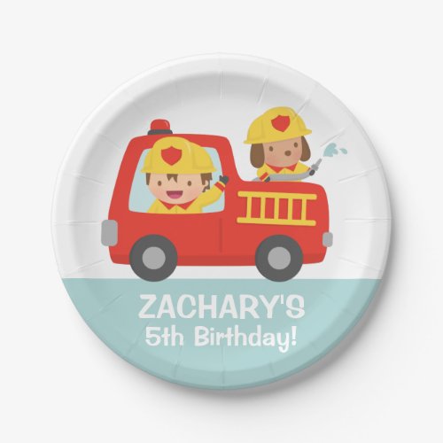 Fire fighter Boy in Red Fire Truck Birthday Party Paper Plates