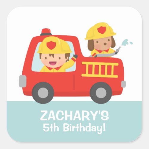 Fire fighter Boy in Red Fire Truck Birthday Party Square Sticker