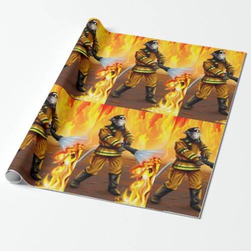 Fire fighter fighting the flames wrapping paper