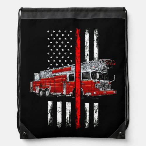 Fire Fighter Fireman American Flag Thin Red Line F Drawstring Bag