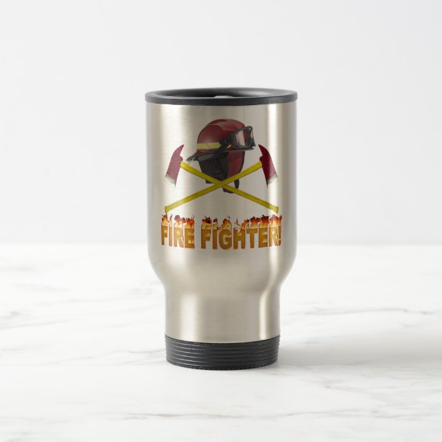 FIRE FIGHTER GEAR LOGO FLAMING TEXT TRAVEL MUG (Center)