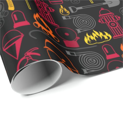 Fire Fighter Icons Pattern Black Wrapping Paper