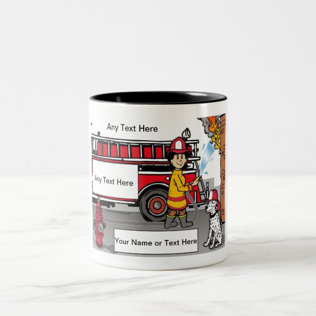 Fire Fighter - Male Cartoon by PrintedPerfection Two-Tone Coffee Mug (Center)