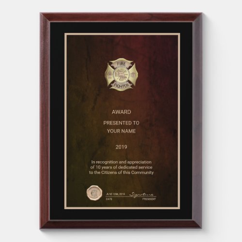 Fire Fighter Recognition Award Plaque
