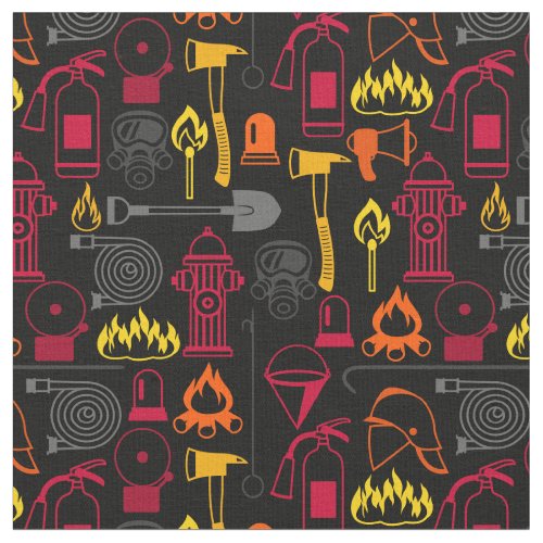 Fire Fighter Related Icons Pattern Black Fabric