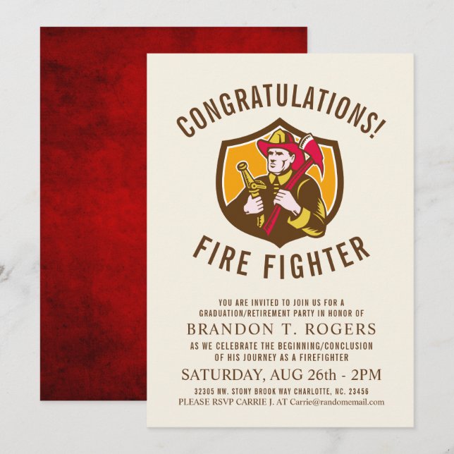 Fire Fighter Retro | Graduation Party Invite (Front/Back)