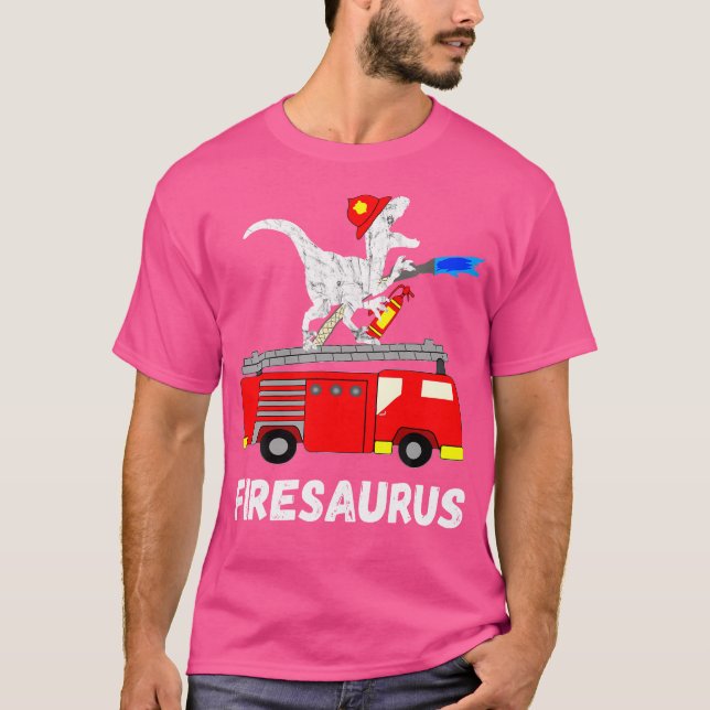 Fire Fighter Saurus Firetruck Fireman Dinosaur T R T-Shirt (Front)