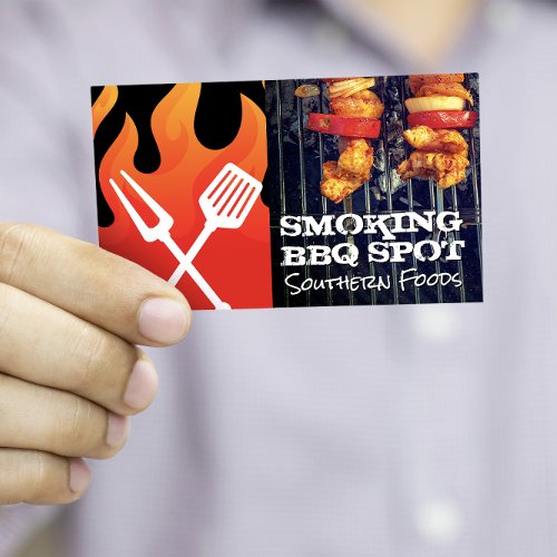 Fire Flame  BBQ Logo  Shish Kebabs on Grill Business Card