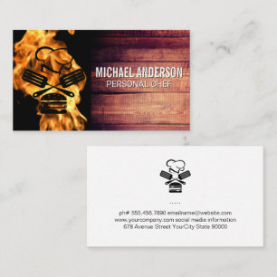 Fire Flame Chef BBQ Logo Wood Business Card