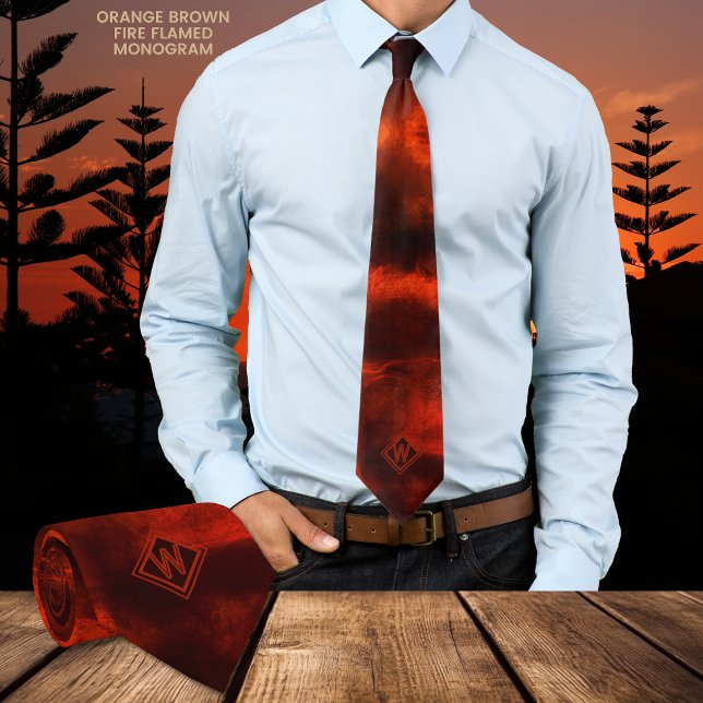 Fire Flamed Orange Brown Modern Monogram Neck Tie (Fire Flamed Orange Brown Modern Monogram Neck Tie)