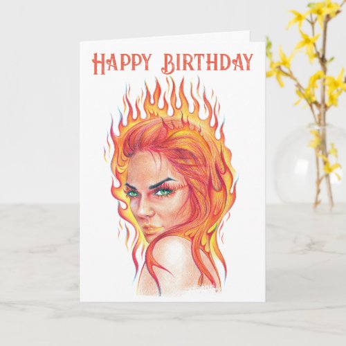 Fire Flames Fantasy Woman Portrait Surreal Art Card