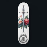 *~* Fire Flowers AP88 Medieval Sword Floral Skateboard<br><div class="desc">(Search code AP88 to find similar items ) Easily Transfer to other Zazzle Products. WHITE background Skateboard with soft blush PINK and ROSE color FLOWERS MEDIEVAL SWORD for dragon slayers with FLOWERS / FLORAL elements and with a RING of FIRE / FLAMES / FLAME and Letter , INITIAL MONOGRAM for...</div>