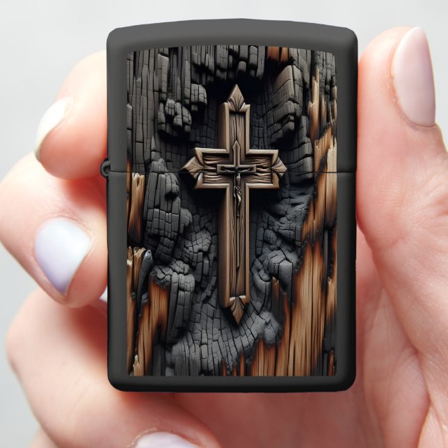 Fire-Forged Faith: Burnt Wood Cross Zippo Lighter (In Hand)