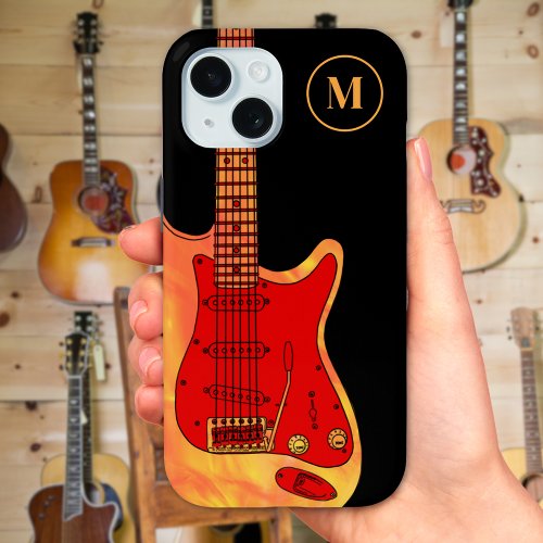 Fire Guitar on Black Cool Monogram Initial iPhone 15 Case