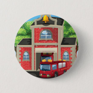 Fire House and Fire Truck Pinback Button