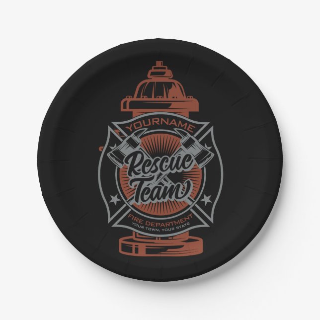 Fire Hydrant ADD NAME Fire Fighter Rescue Team Paper Plates (Front)