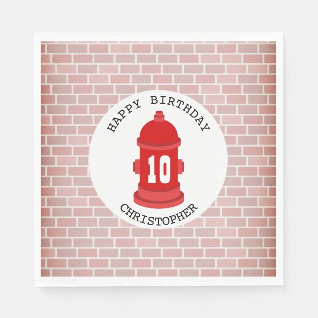 Fire Hydrant + Bricks Firefighter Birthday Party Napkins (Front)