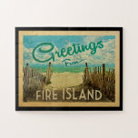 Fire Island Beach Vintage Travel Jigsaw Puzzle<br><div class="desc">This Greetings From Fire Island vintage postcard design features a sandy beach with a beautiful turquoise ocean water and above the sea,  a blue sky with billowy white clouds. In vintage travels style.</div>
