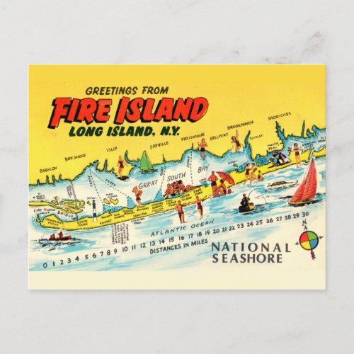 Fire Island vintage Map Postcard