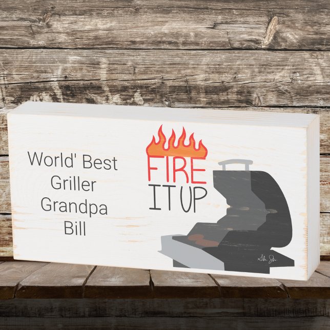 Fire It Up Flames & Grill Personalized  Wooden Box Sign (Creator Uploaded)