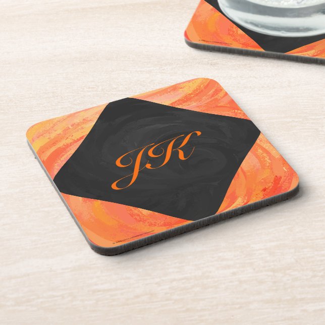 Fire Lake Orange and Black Monogram Beverage Coaster (Left Side)