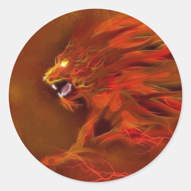 Fire lion artistic flames illustration classic round sticker (Front)