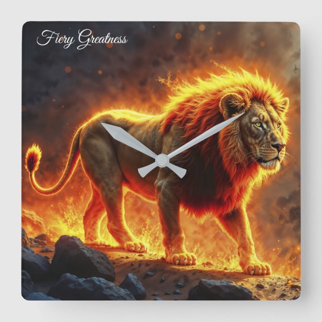 Fire Lion infernal landscape blazing mane art Square Wall Clock (Front)