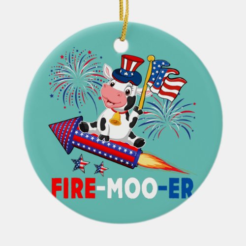Fire Moo Er Cow Riding Firecracker American Flag Ceramic Ornament