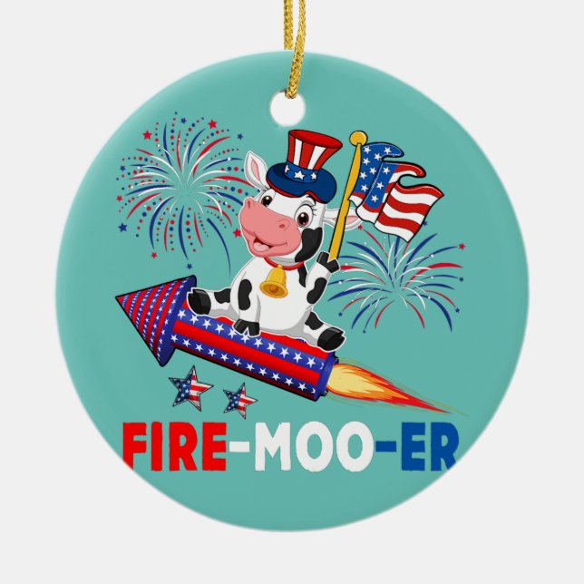 Fire Moo Er Cow Riding Firecracker American Flag Ceramic Ornament (Front)