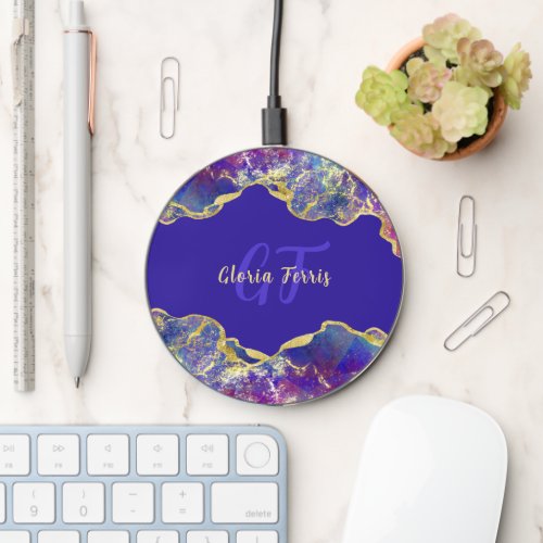 Fire Opal Gems and Glitzy Gold Veins Monogram Wireless Charger