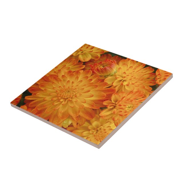 Fire Orange Chrysanthemums Ceramic Tile (Side)