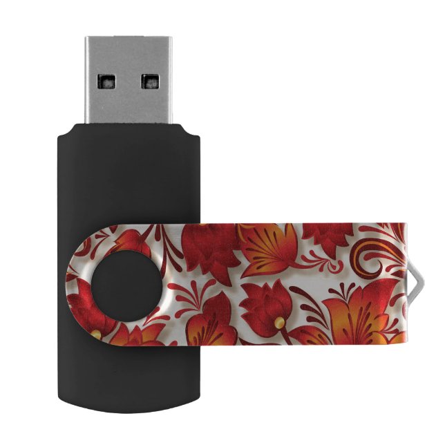 Fire orange floral pattern USB Drive (Opened)