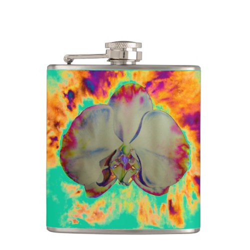 Fire Orchid abstract tropical floral painting Hip Flask