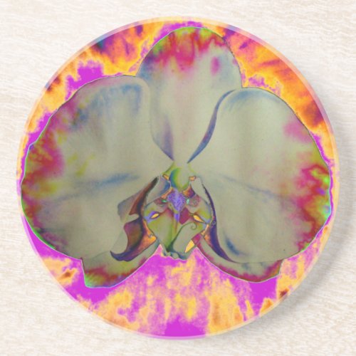 Fire Orchid abstract tropical floral painting Sandstone Coaster