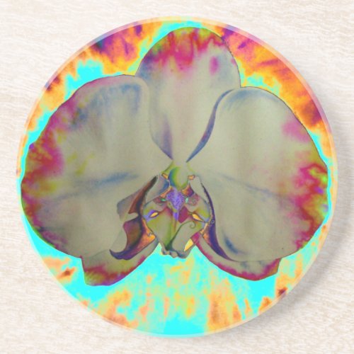 Fire Orchid abstract tropical floral painting Sandstone Coaster